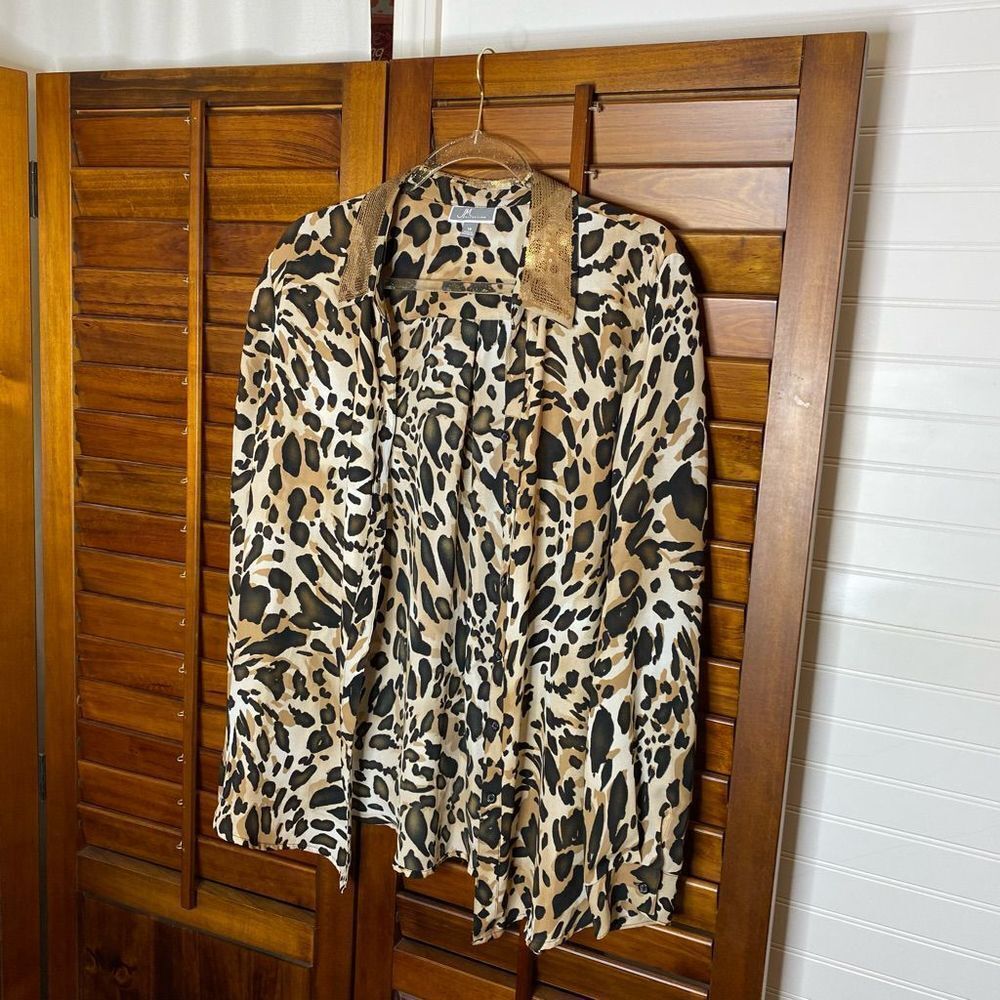 JM Collection Animal Print Sequin Collar Button Down Blouse